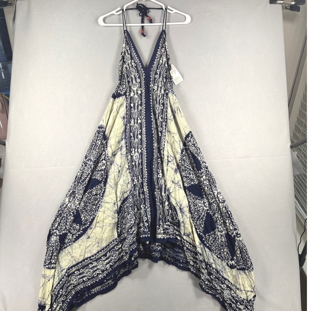 Advance Apparels Navy Cream Batik Embroidered Halter Handkerchief Maxi Dress OS